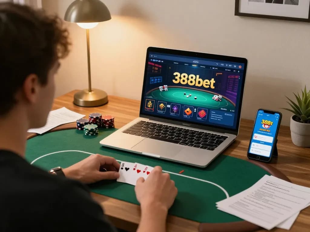 Player enjoying an online poker game at home with 388bet app displayed on their phone.