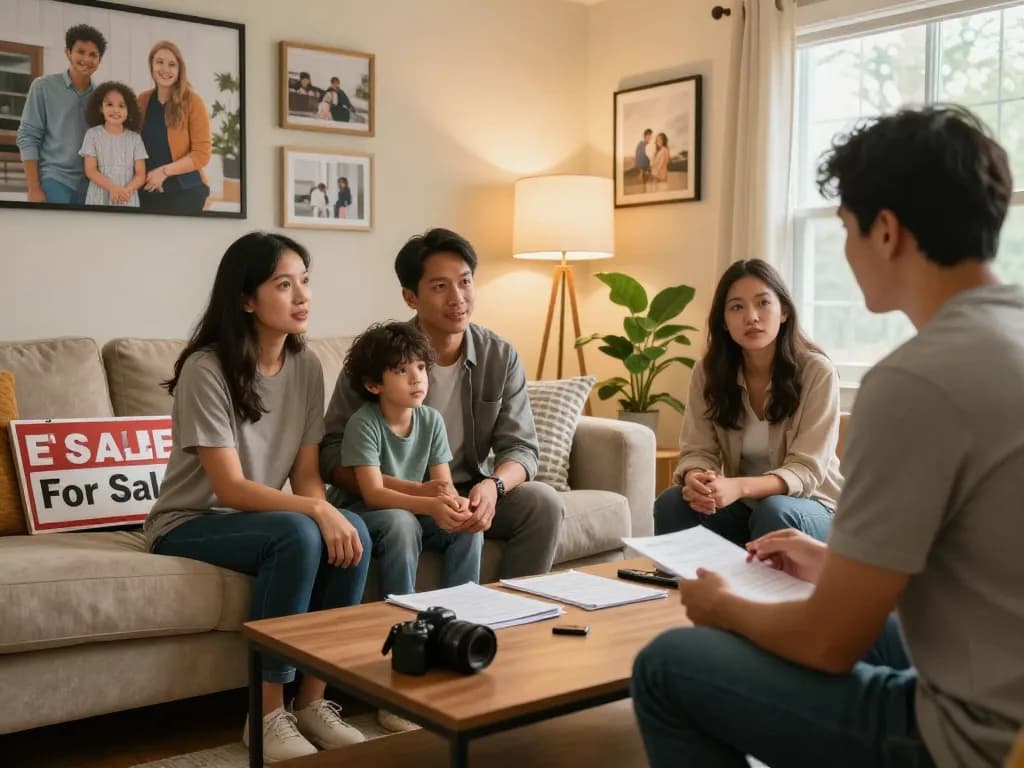 We buy houses for cash discussion in a cozy living room, highlighting family consultation with cash home buyer.