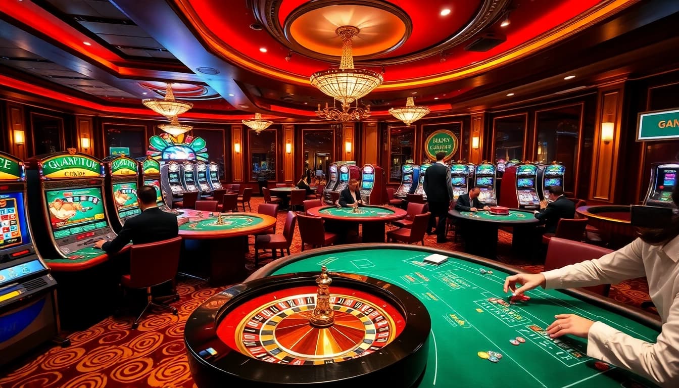 Vivez l'excitation des casinos en ligne Français avec des joueurs élégamment habillés autour de tables de jeu passionnantes.