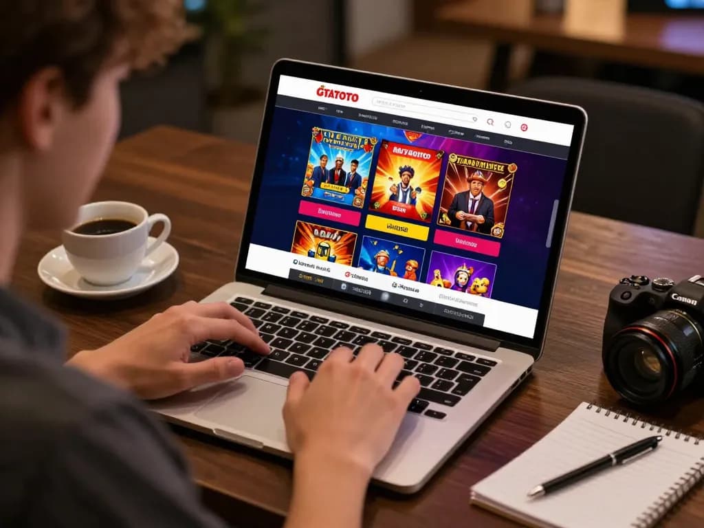 Engaged gambler analyzing strategies on the GTATOTO online platform during a cozy gaming session.
