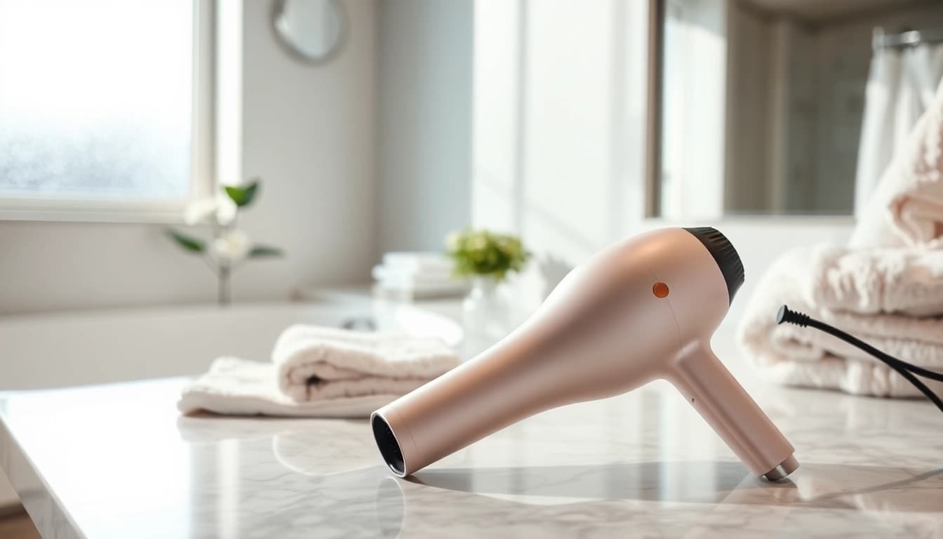 Hair dryer for frizzy hair displayed elegantly in a bright, modern bathroom setting.