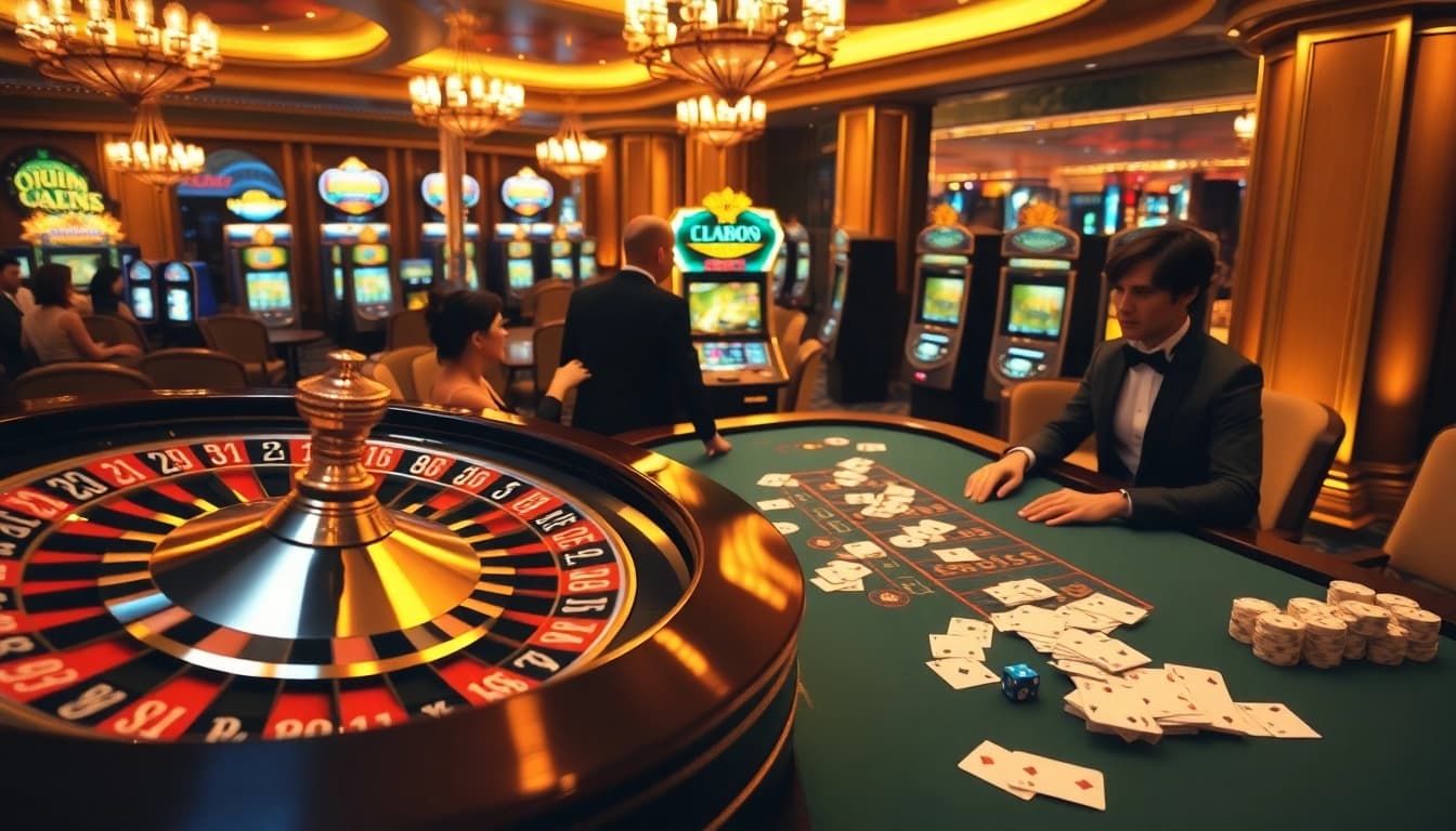 A dynamic casino scene showcasing gamblers at a poker table and a roulette wheel, highlighting link CM88's exciting atmosphere.