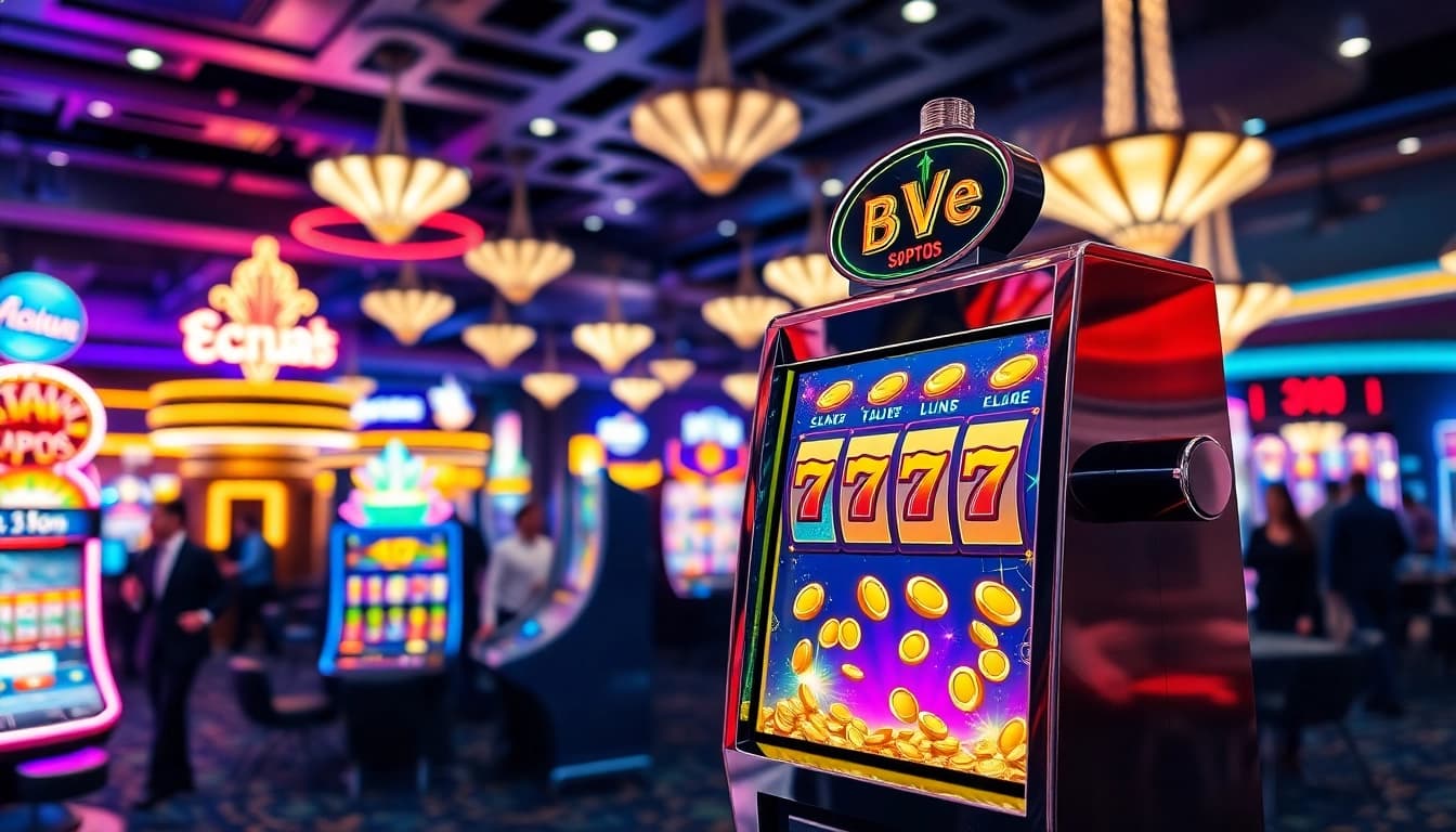 Slot aplikasi yang menarik dengan mesin slot yang berwarna-warni di kasino.