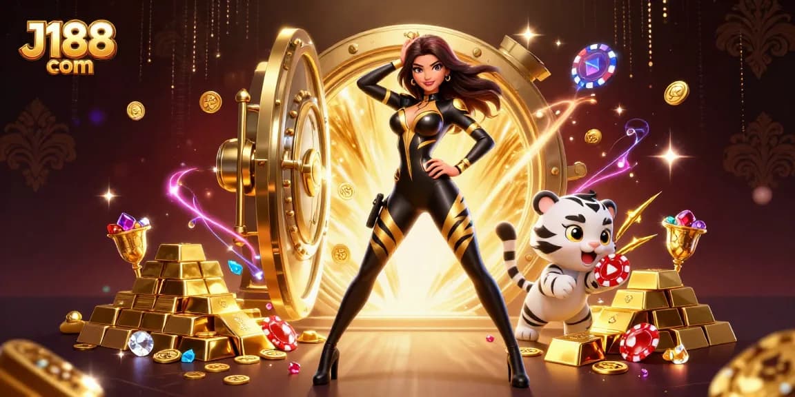 Experience the thrill at J188 com with an acrobatic casino scene featuring a stunning 3D woman and her playful tiger.