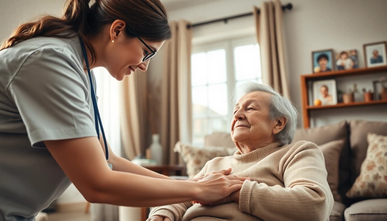 Caregiver providing at home health care services near me in a warm living room setting.