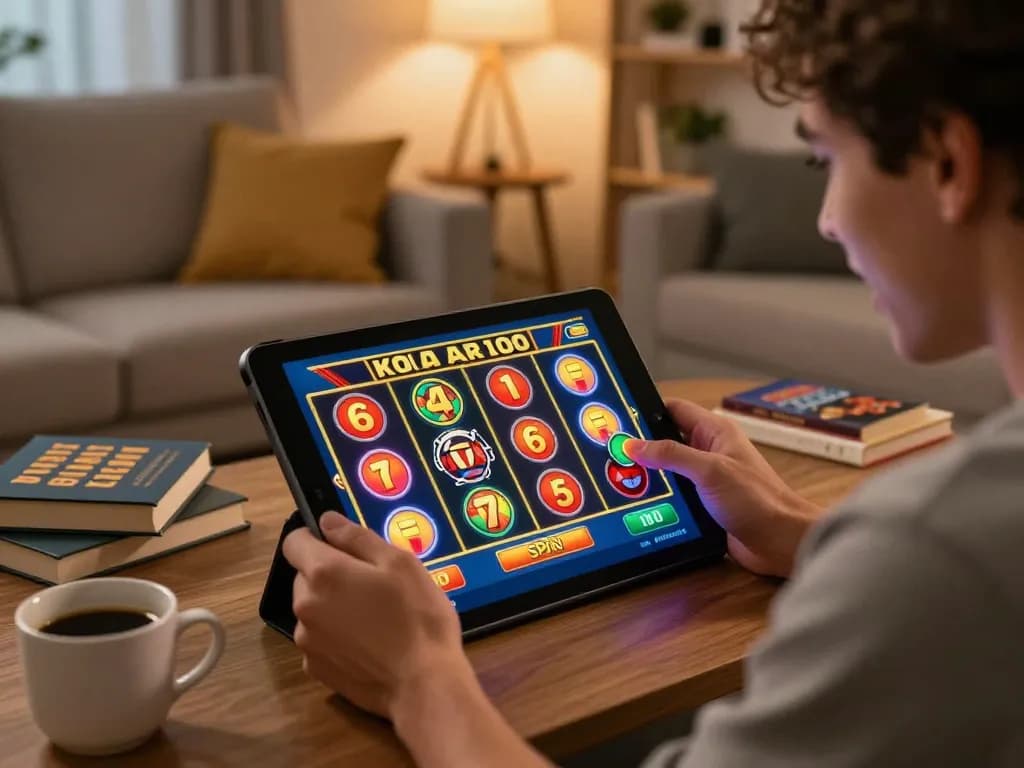 Engaged player presses spin button for slot kamboja bet 100 on tablet in cozy living room.