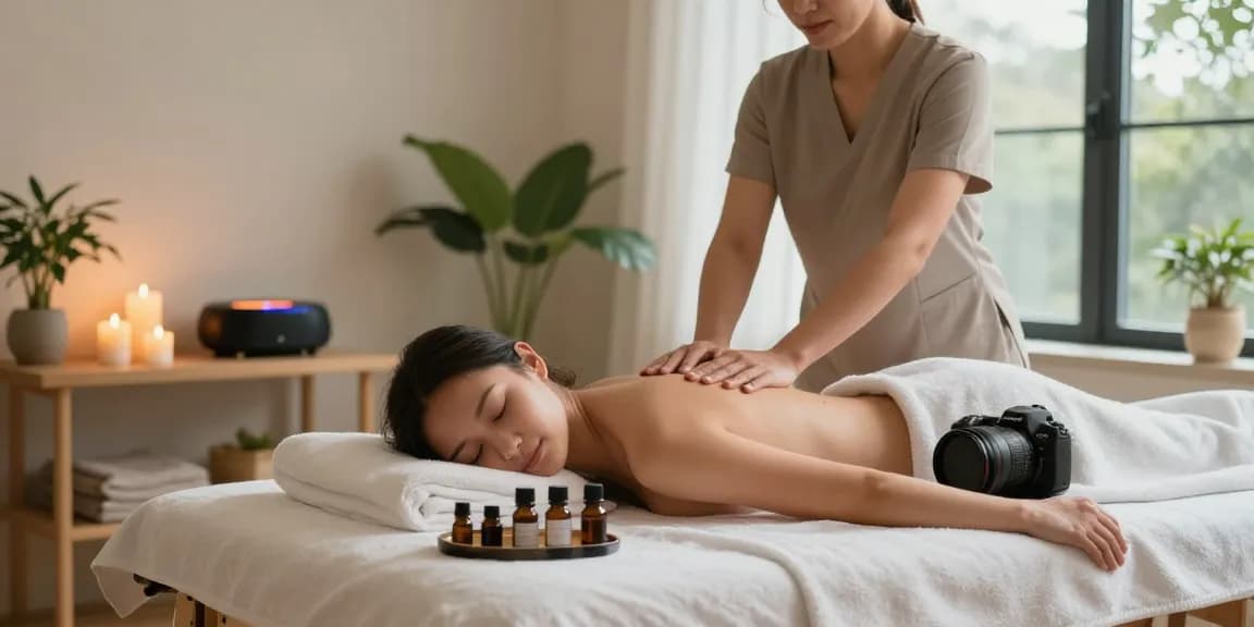 Swedish massage setup with calming atmosphere and essential oils.