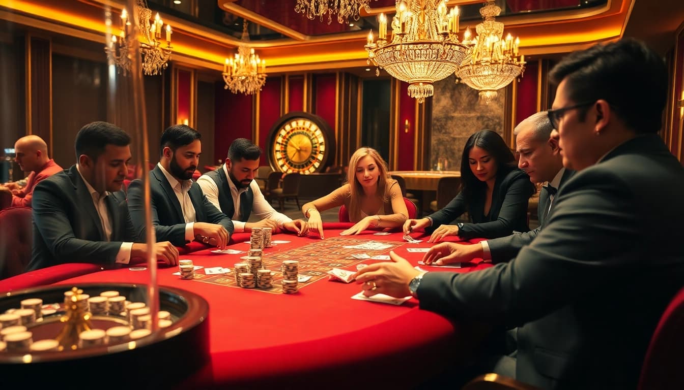 Action à une table de poker à enjeux élevés mettant en avant le casino en ligne Français avec des couleurs vibrantes et une atmosphère palpitante.
