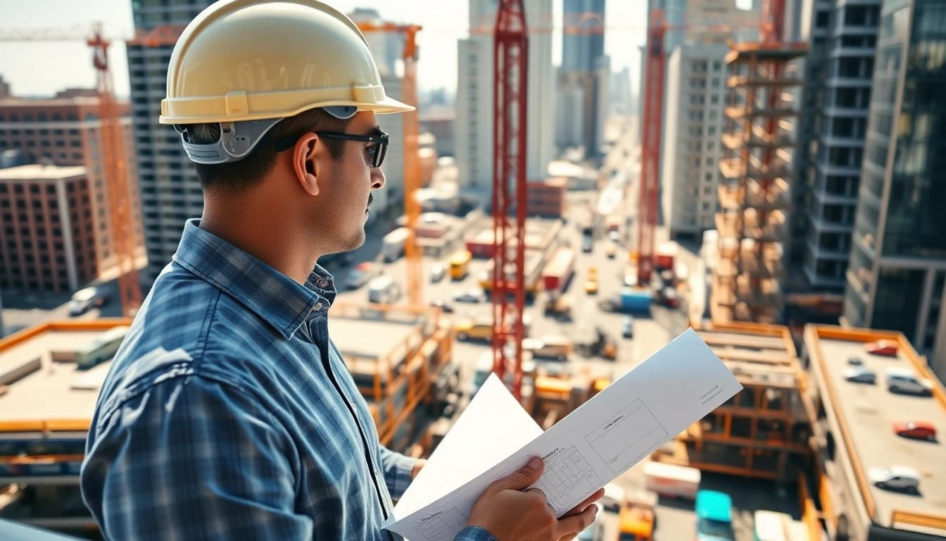 New York City Construction Manager evaluating plans at an active site with cranes in the background.