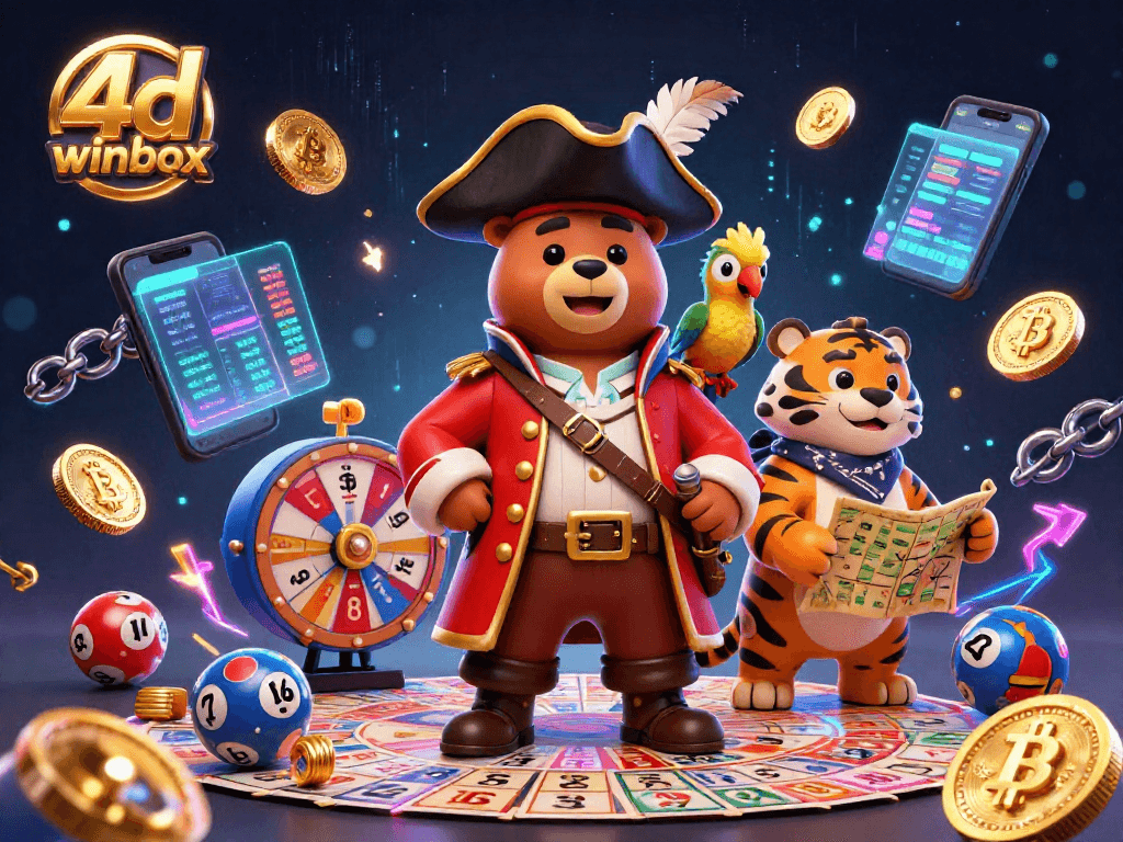 Engage with 4d winbox in this vibrant lottery scene featuring a pirate bear, tiger, and golden parrot.