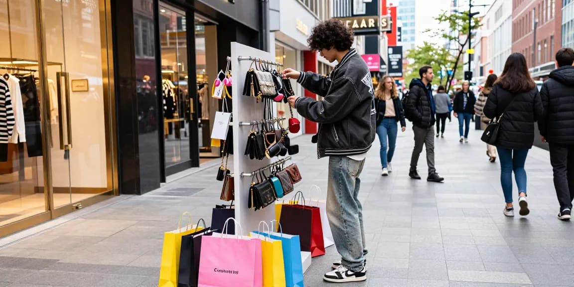 Shopping at a stylish 레플리카 쇼핑몰 with trendy outfits and vibrant city backdrop.