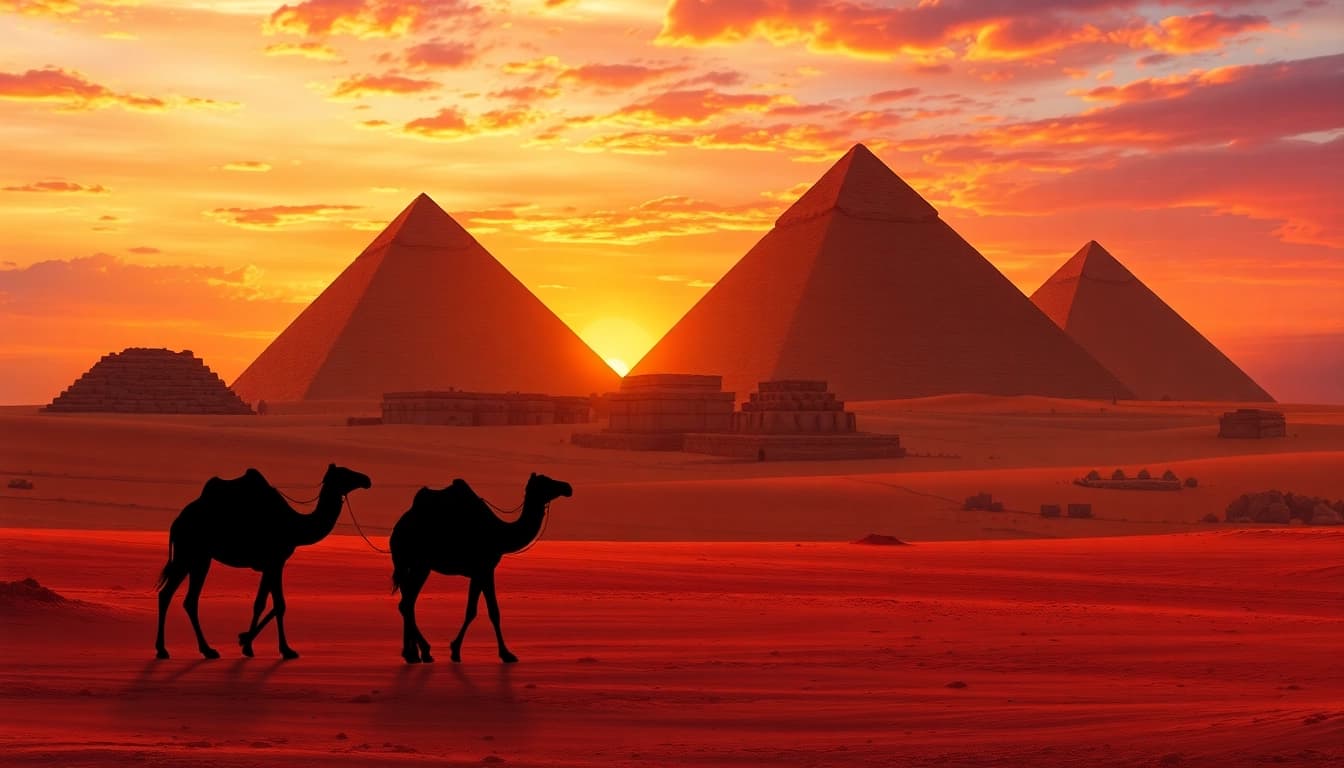 Illustration of piraminds at sunset with camels in the foreground and dramatic sky.