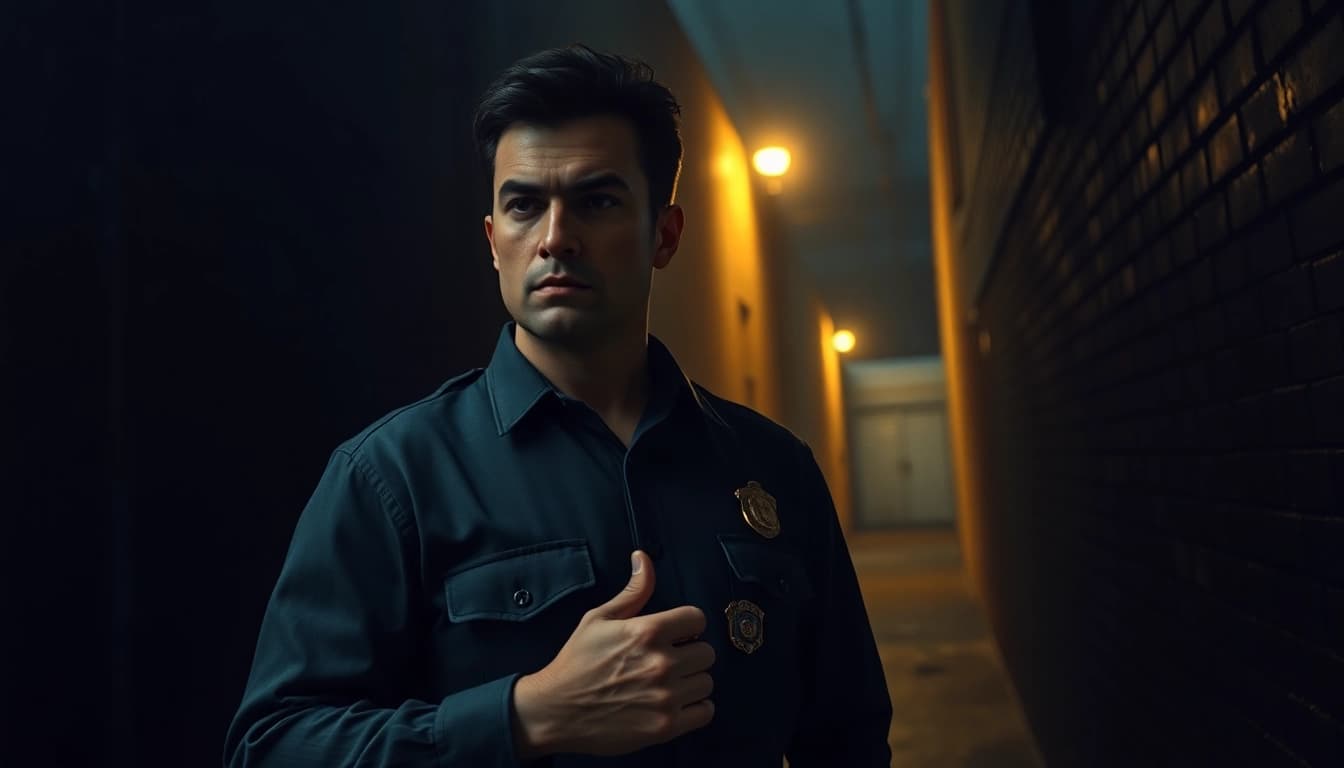 Protagonist from Rancid Badges gripping their badge in a dark, suspenseful alley.