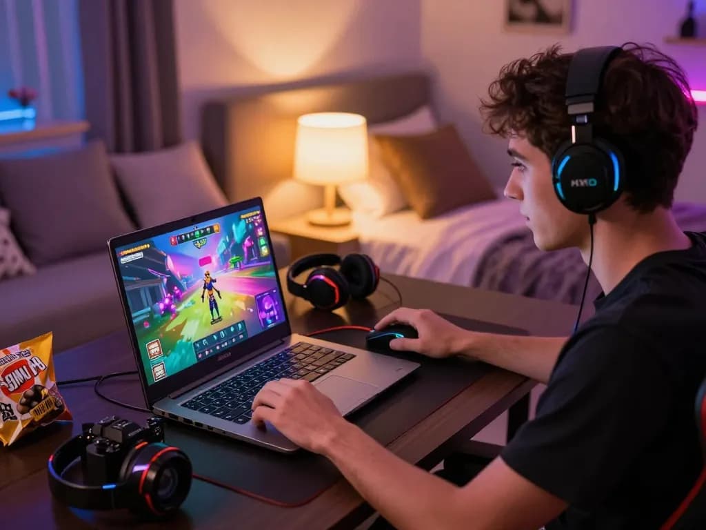 Young adult playing engaging porn games html on a sleek laptop surrounded by gaming gear.