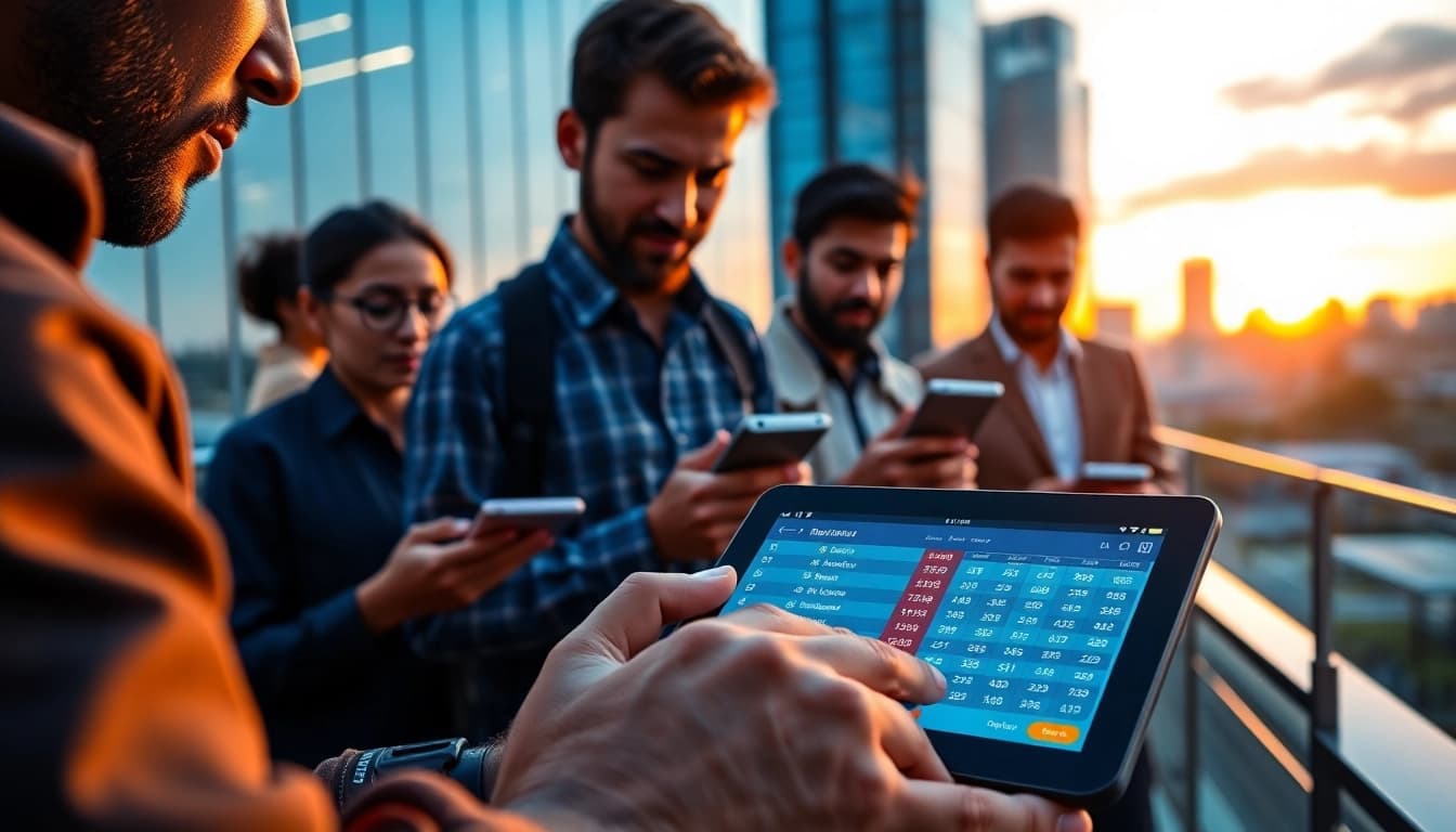 Engaged users exploring sports betting apps India on tablets amidst a lively urban skyline.