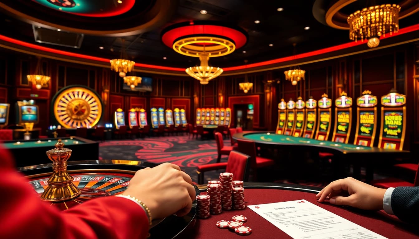 Scène captivante d'un casino en ligne français avec des joueurs autour de tables de poker et une roulette.