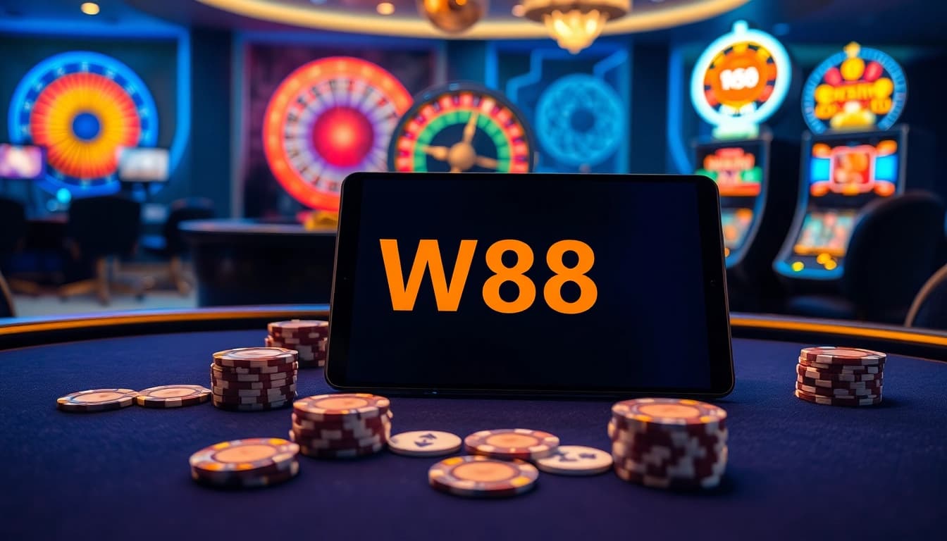 Experience the thrill of online gambling with the W88 link at an elegant poker table scene.