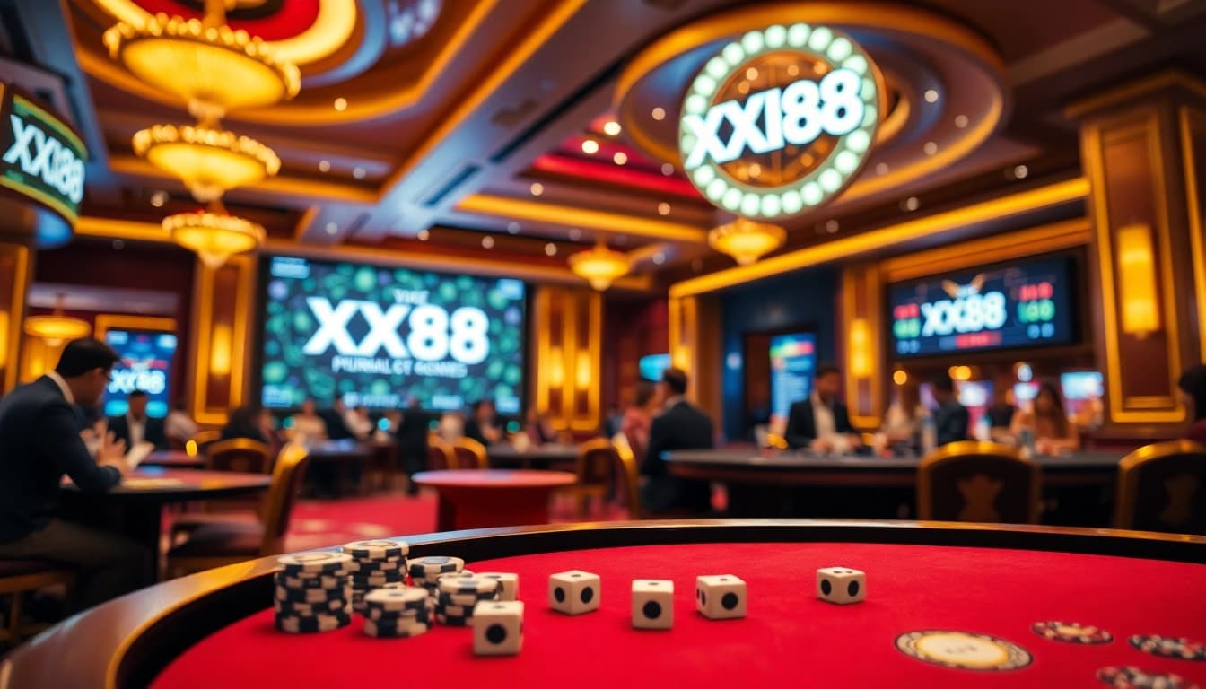 Experience thrilling gameplay at XX88 with vibrant casino visuals including poker chips and roulette tables.