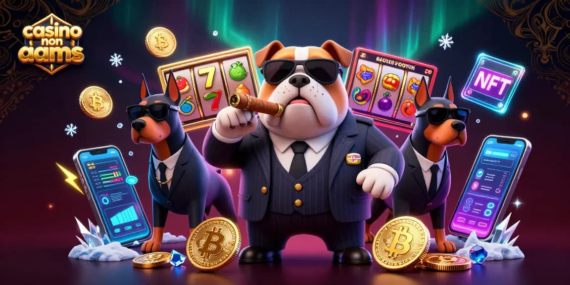 Casinò non aams con un bulldog boss della mafia e bodyguard Doberman circondati da elementi vibranti di giochi di slot in 3D.