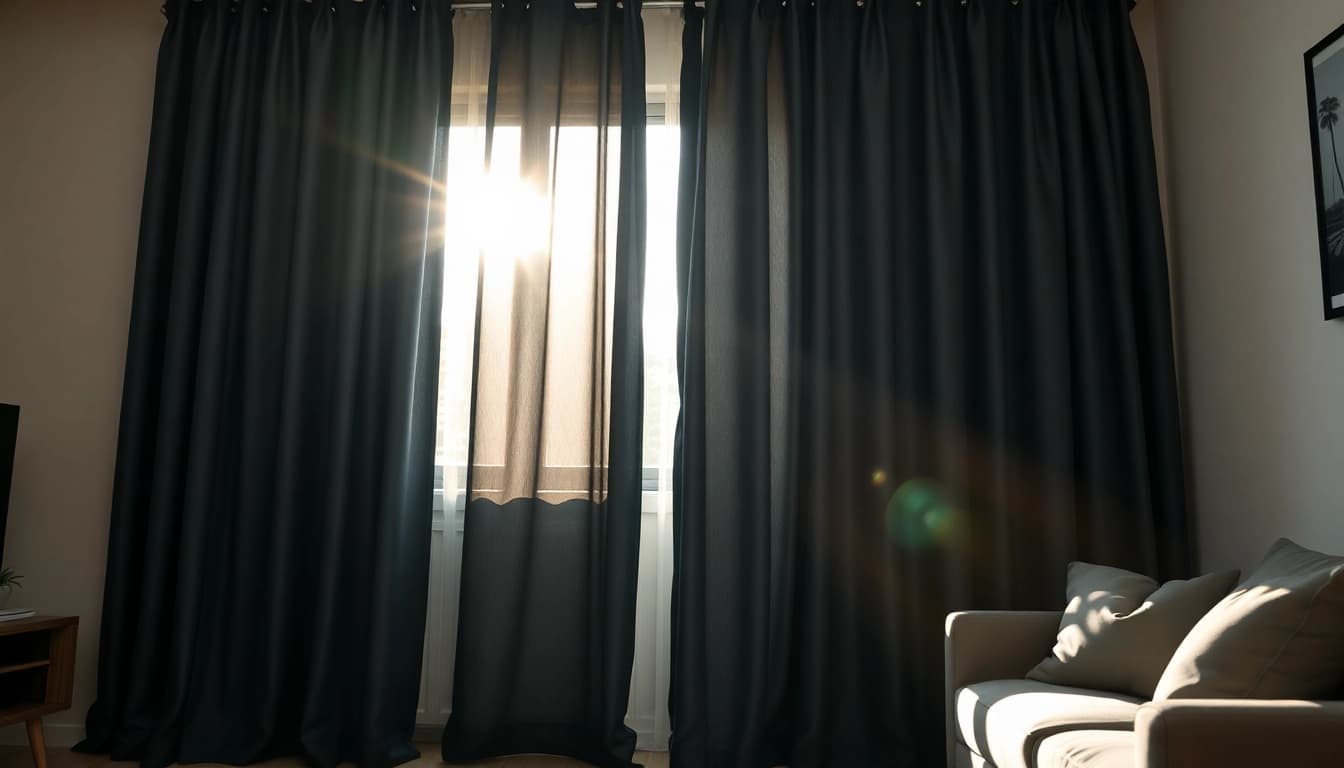 Bekijk verduisterende gordijnen die stijlvol zijn opgesteld in een moderne woonkamer.