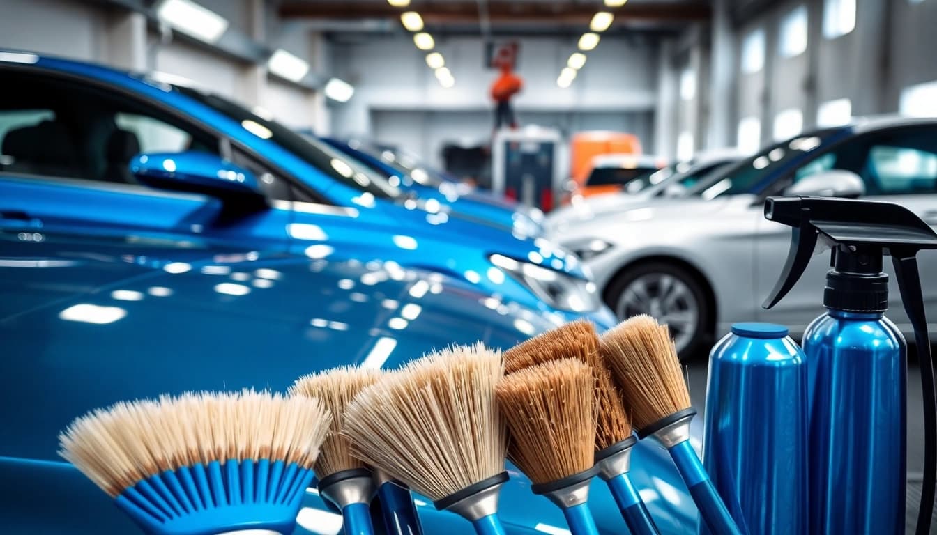 Experience thorough car detailing near me with expert tools and polished vehicles in a vibrant setting.