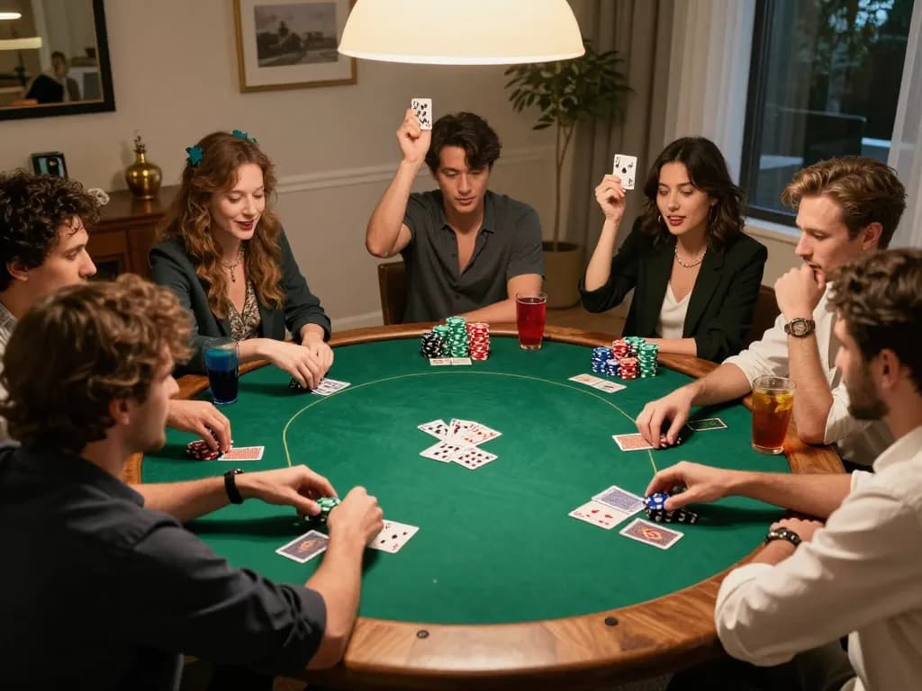 Friends enjoying a thrilling home poker game with top quality widgets for strategic gameplay decisions.