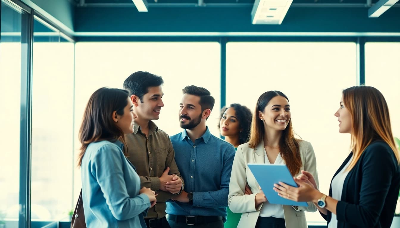 Engaging scene of professionals discussing job help strategies in a bright office.