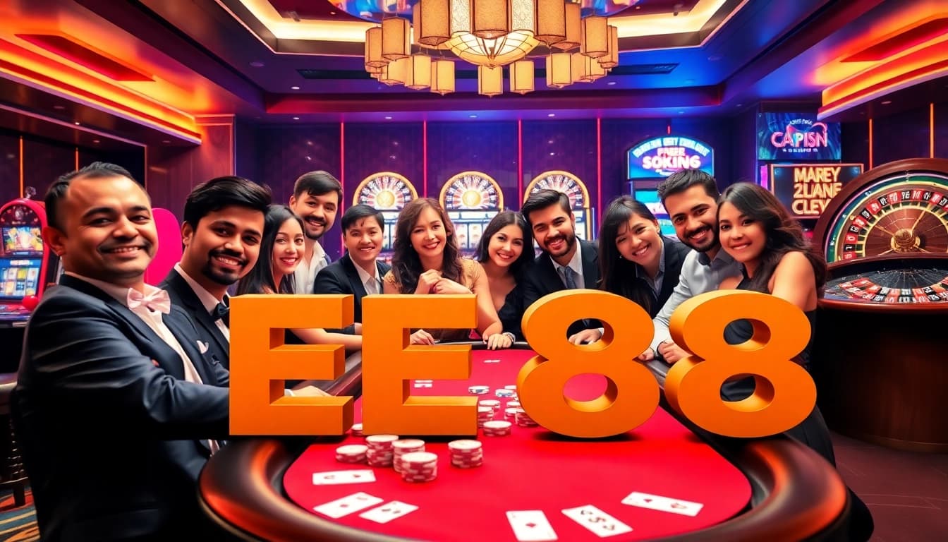 EE88 gaming experience with enthusiastic players at a colorful poker table.