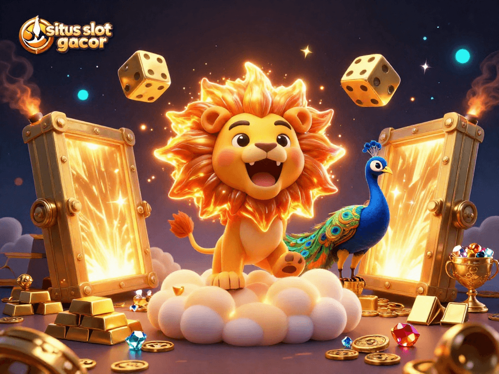 Experience situs slot gacor excitement with a vibrant 3D casino illustration showcasing golden treasures and lucky symbols.