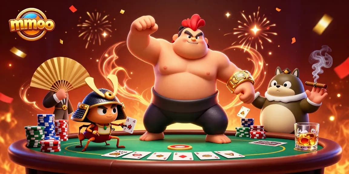 Engage with mmoo's exciting poker scene featuring a sumo rooster and samurai cricket.