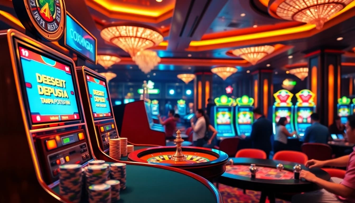 Rasakan pengalaman slot deposit pulsa tanpa potongan dalam suasana kasino yang seru dengan mesin slot yang berwarna-warni.