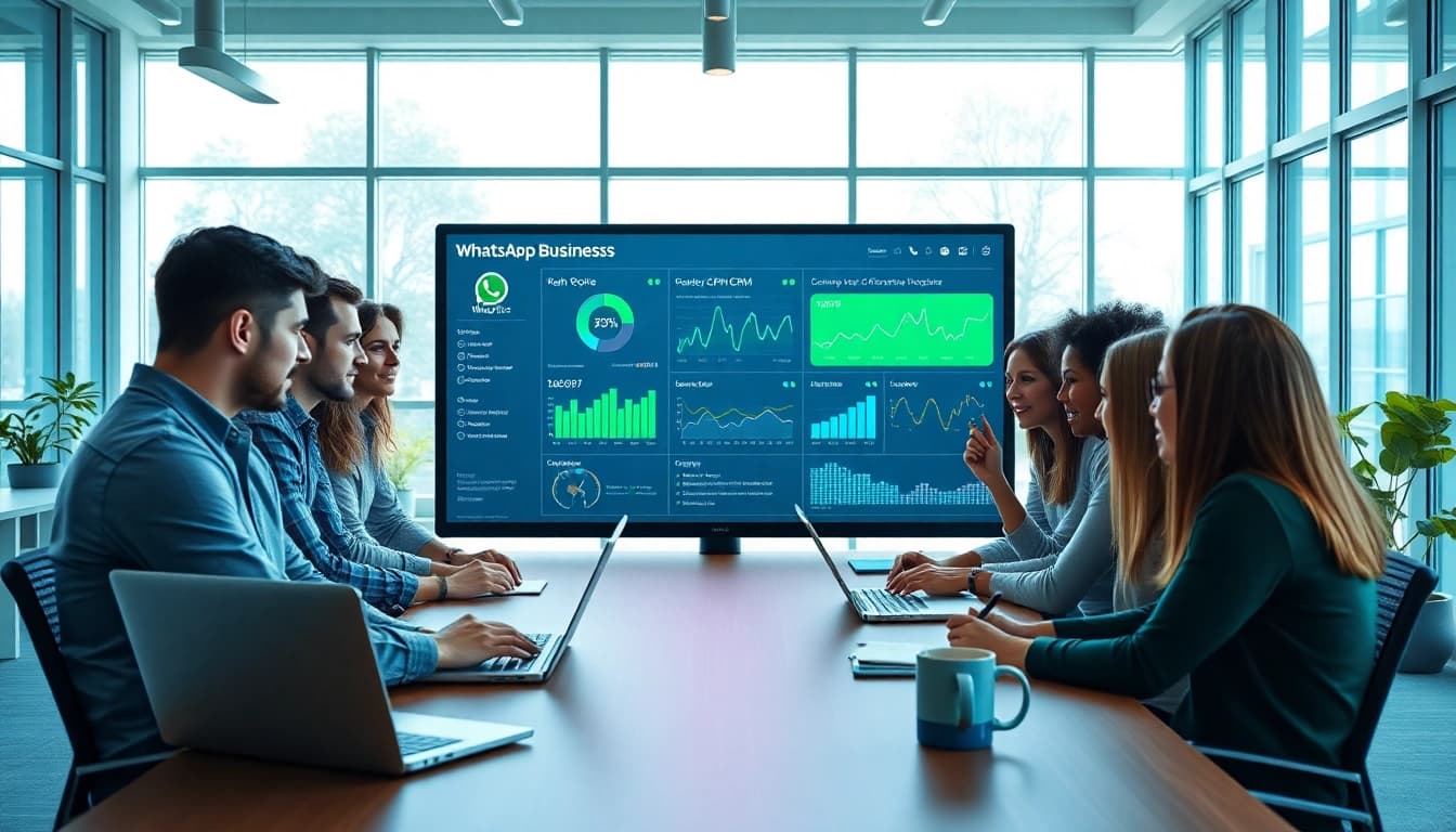 Analyze business data using WhatsApp Business CRM in a modern workspace.