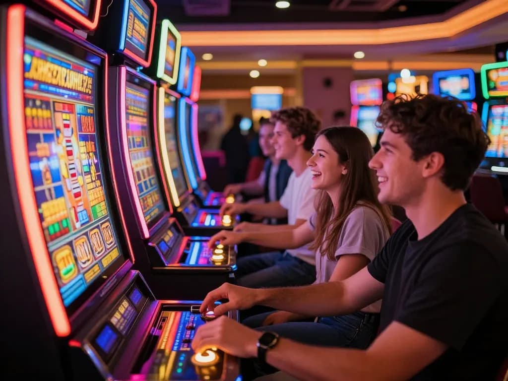Players engaging with exciting slot machines, spinning for big wins in a vibrant casino.