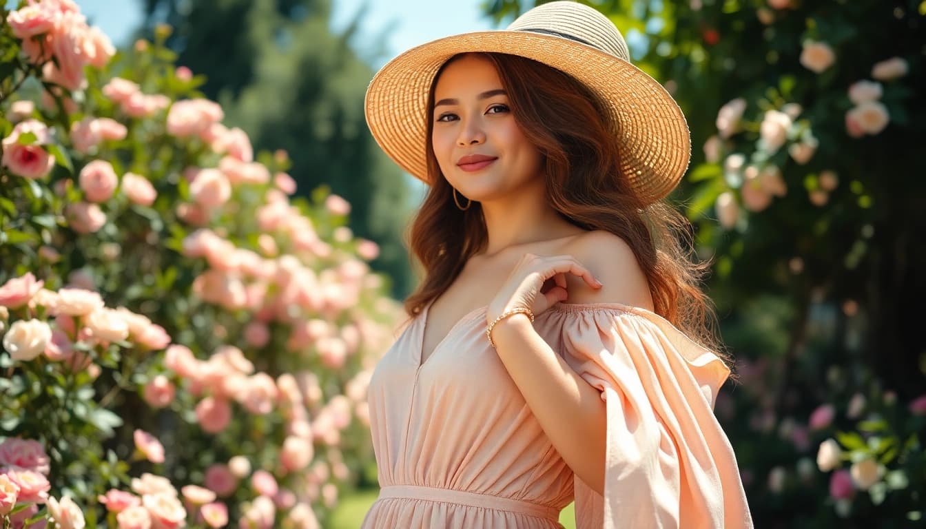 Showcasing a stylish Rivelle dress in a vibrant garden setting, perfect for elegant occasions.