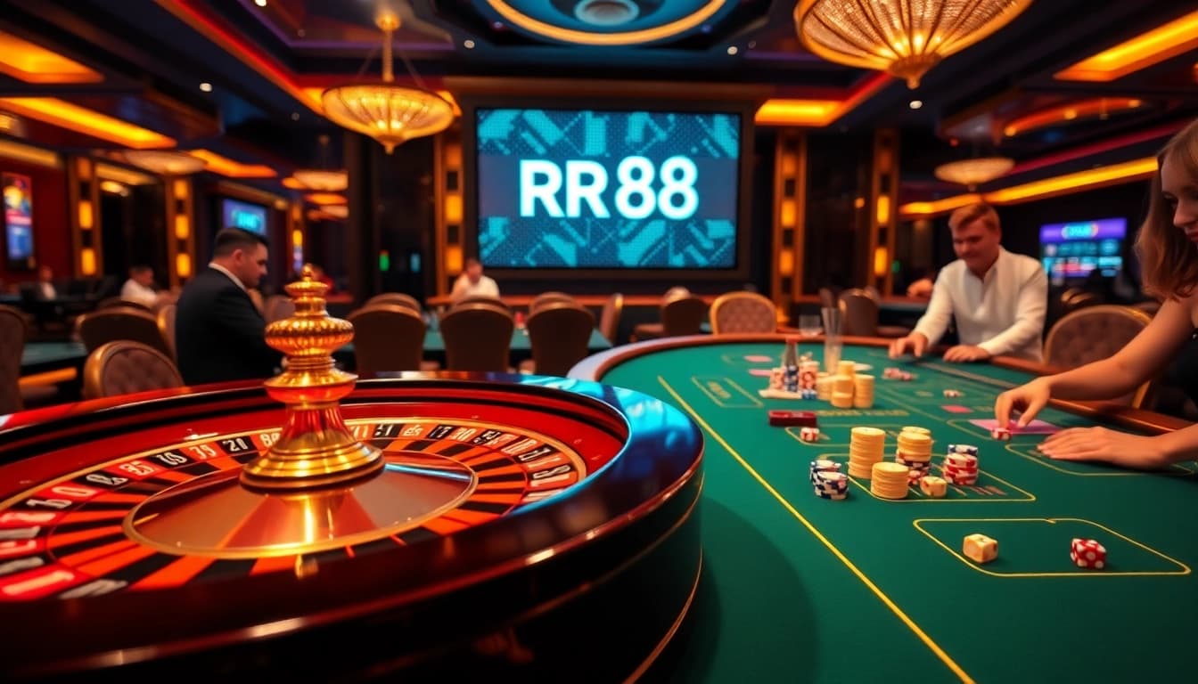 Experience the thrill of gambling at RR88 with passionate players at a vibrant poker table.