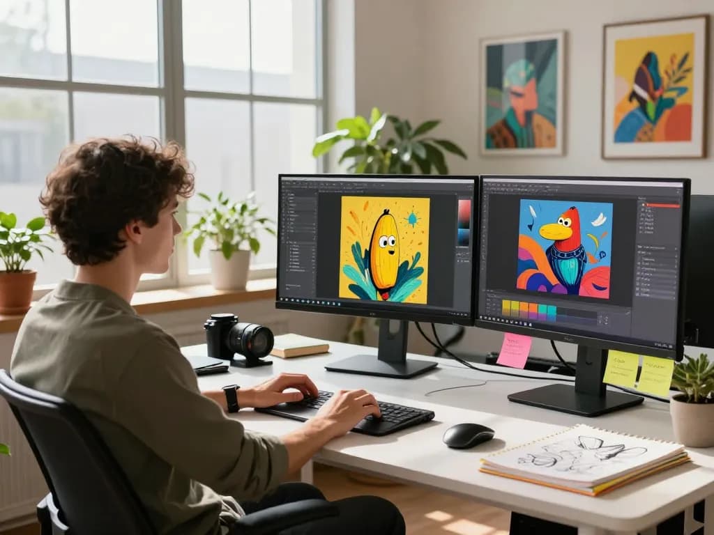Creative designer using nano banana pro for vibrant AI images in a modern studio.