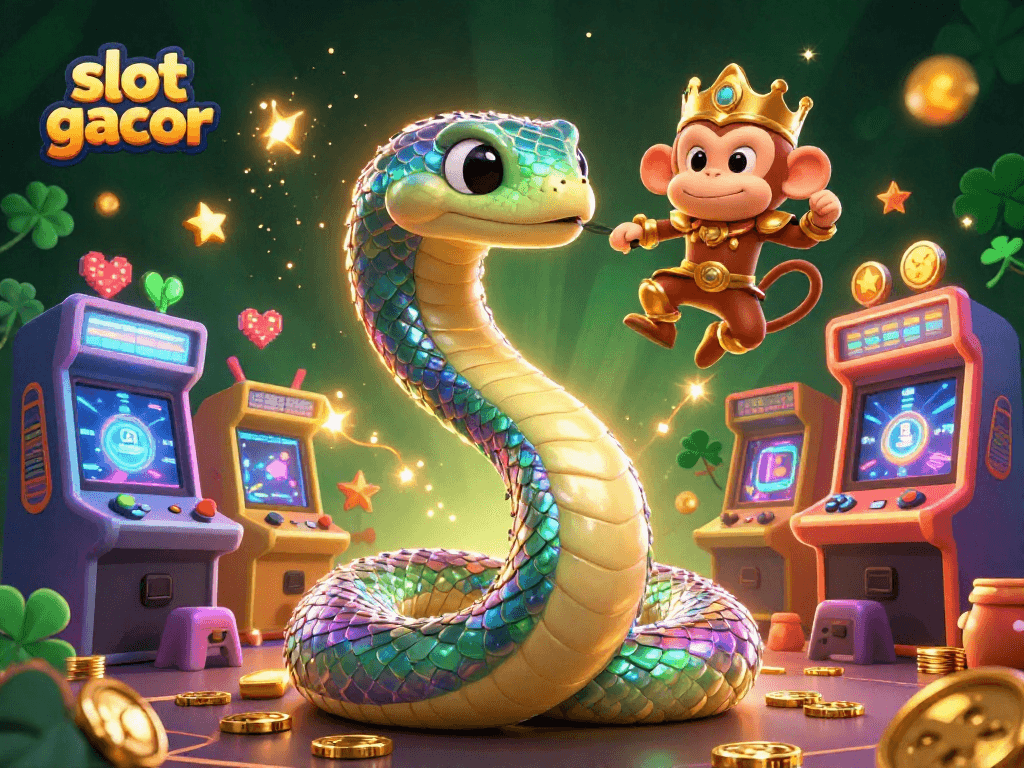 Experience the thrill of slot gacor with a vibrant 3D illustration featuring a colorful serpent and gaming elements.