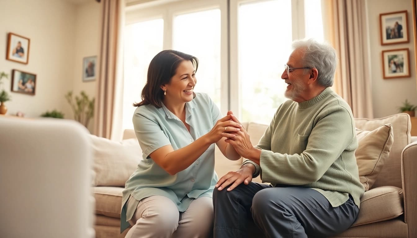 A caregiver providing compassionate austin senior home care in a warm living room setting.