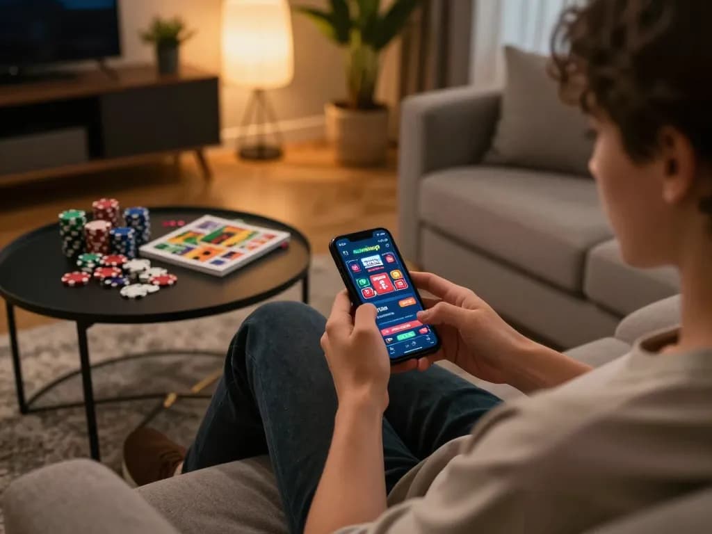 Engaging gameplay experience using the sunwinapk app on a smartphone in a cozy home setup.