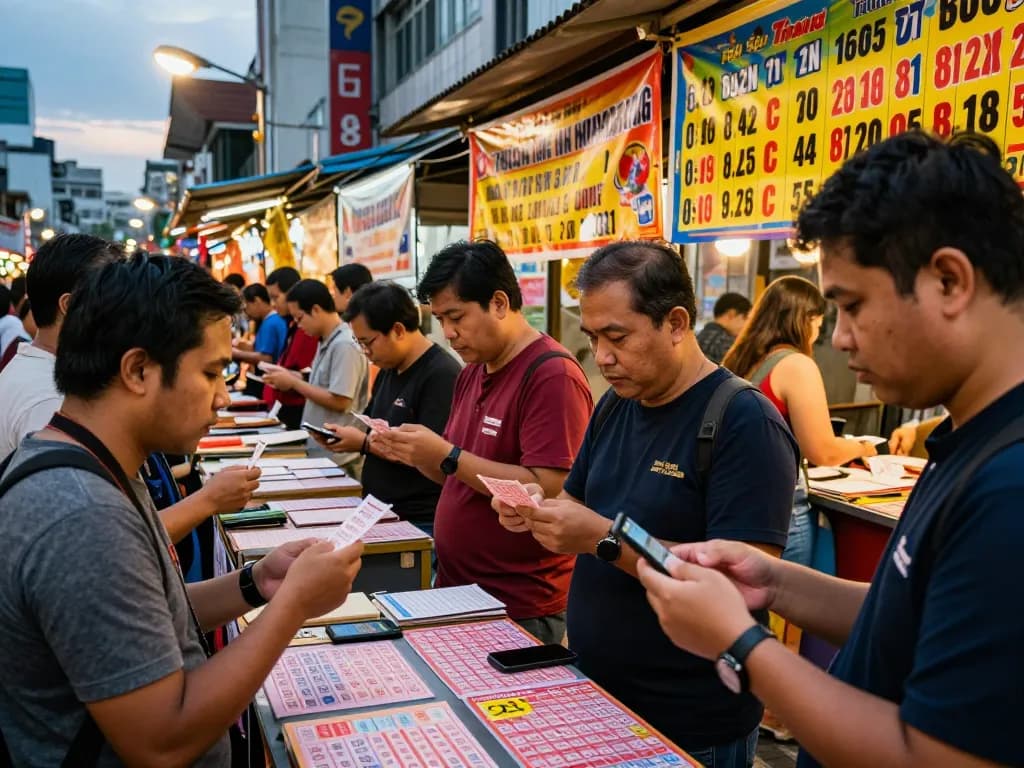 Togel Hongkong players excitedly discussing recent winning numbers at a vibrant urban market.