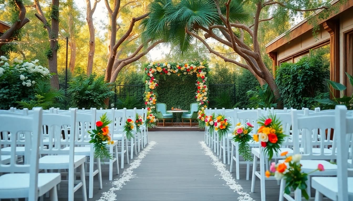 Beautiful wedding venue California garden with elegant floral arrangements during a sunny outdoor ceremony.