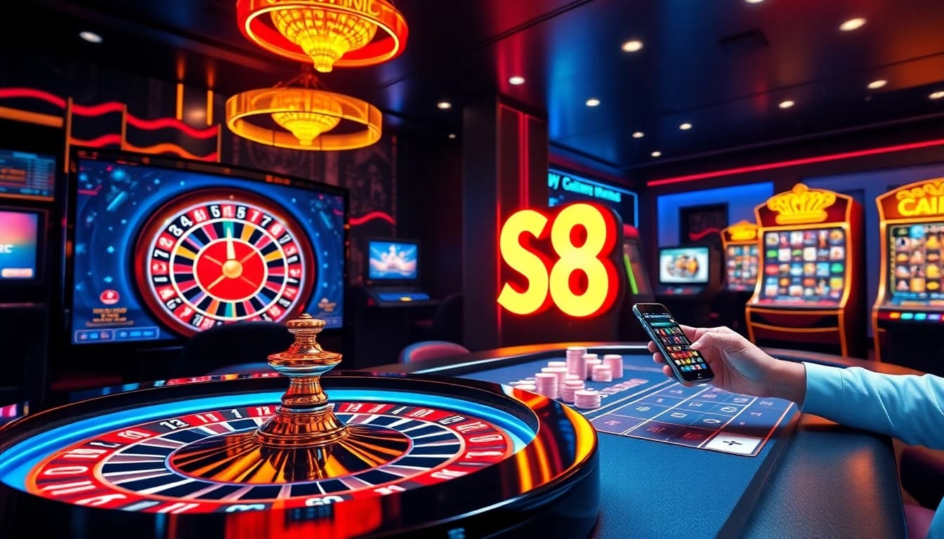 Experience thrilling online gaming at S8 with vibrant tables and exciting casino elements.
