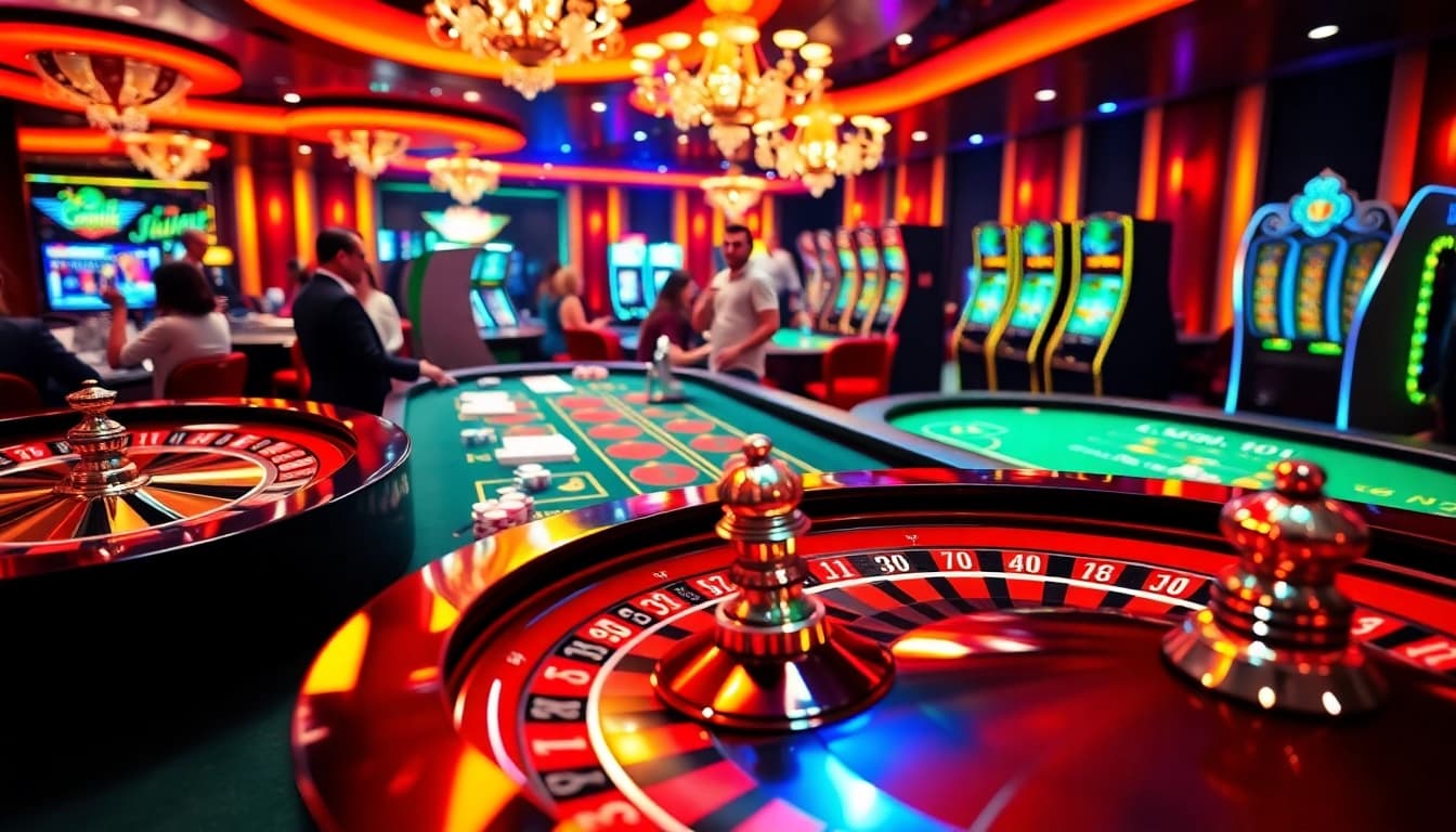 Một cảnh casino trực tuyến đầy hồi hộp nhấn mạnh sự phấn khích của cá cược tại https://luck8.net với các bánh xe roulette sôi động và những người chơi mỉm cười.