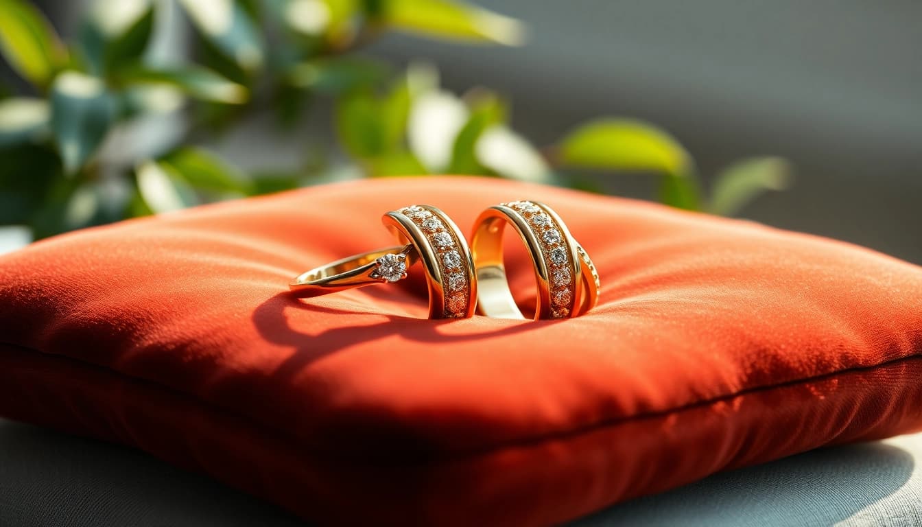 Admiring beautiful couple rings glimmering on a velvet cushion, an embodiment of love.