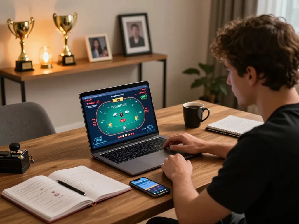 Player strategizing on 888top while engaged in online poker at home.
