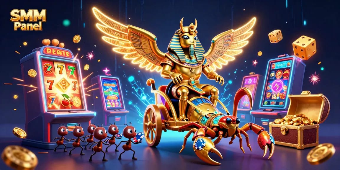 SMM Panel showcasing an energetic scene with a colossal scarab beetle and action-packed slots bursting with coins.