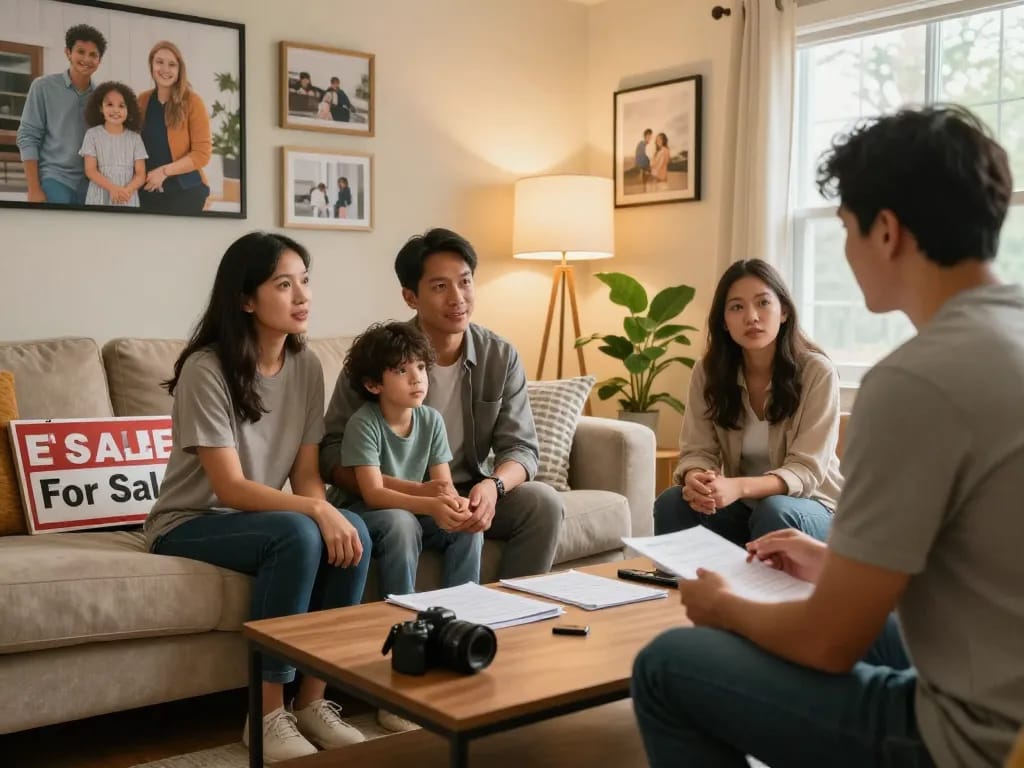 We buy houses for cash discussion in a cozy living room, highlighting family consultation with cash home buyer.