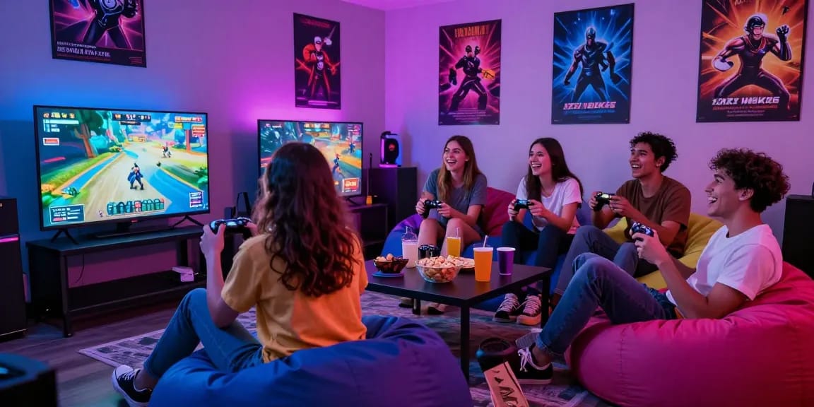 Group of friends enjoying xxx games in a lively gaming room with colorful lights.