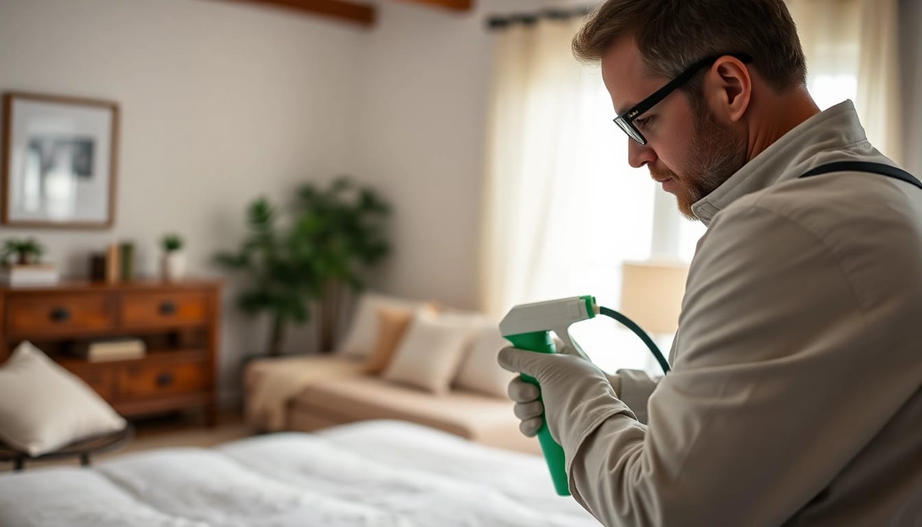 Efficient bed bug services near me by a pest control specialist inspecting a living room.
