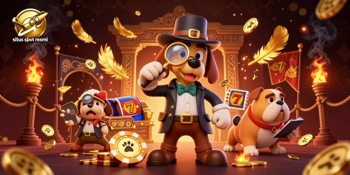 Experience situs slot resmi with a cartoon detective investigating clues amidst vibrant casino elements.
